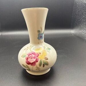 Cream Floral Vintage Mini Porcelain Bud Vase with Pink and Yellow Rose Motif
